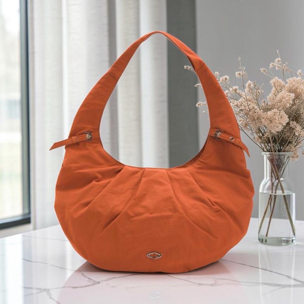 NWT orYANY Croissant Shoulder Bag Ginger Orange Nylon Pleated Slouchy Purse New